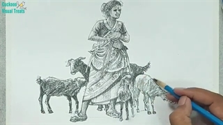 ✅ آموزش طراحی دختر روستایی با بزها