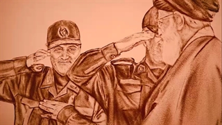 نقاشی با شن برشی از وصیتنامه سردار شهید سلیمانی پیرامون حرمت آیت الله خامنه ای